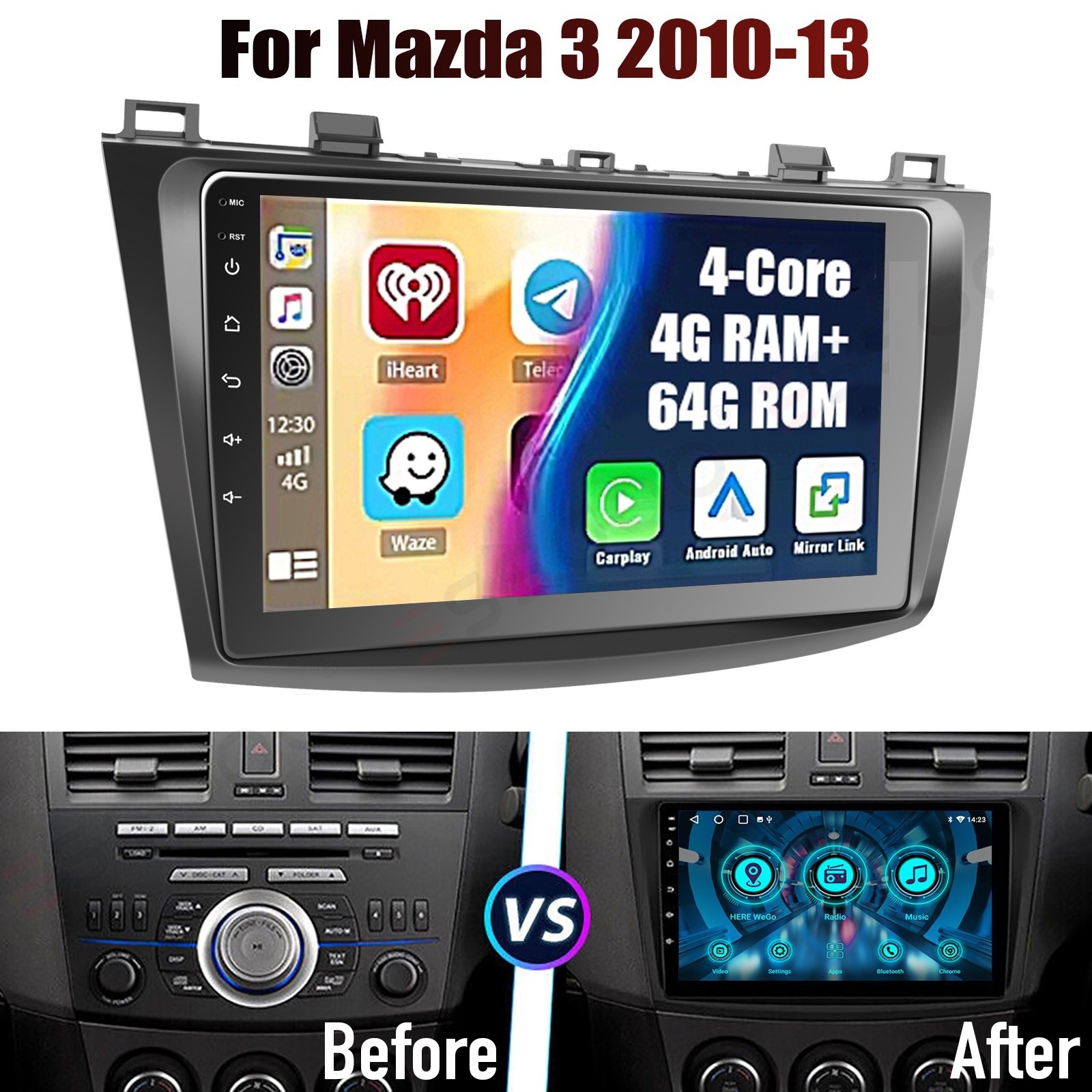 9″ For Mazda 3 2010-2013 Apple Carplay Car GPS Navi Radio Stereo WiFi 4+64GB AHD