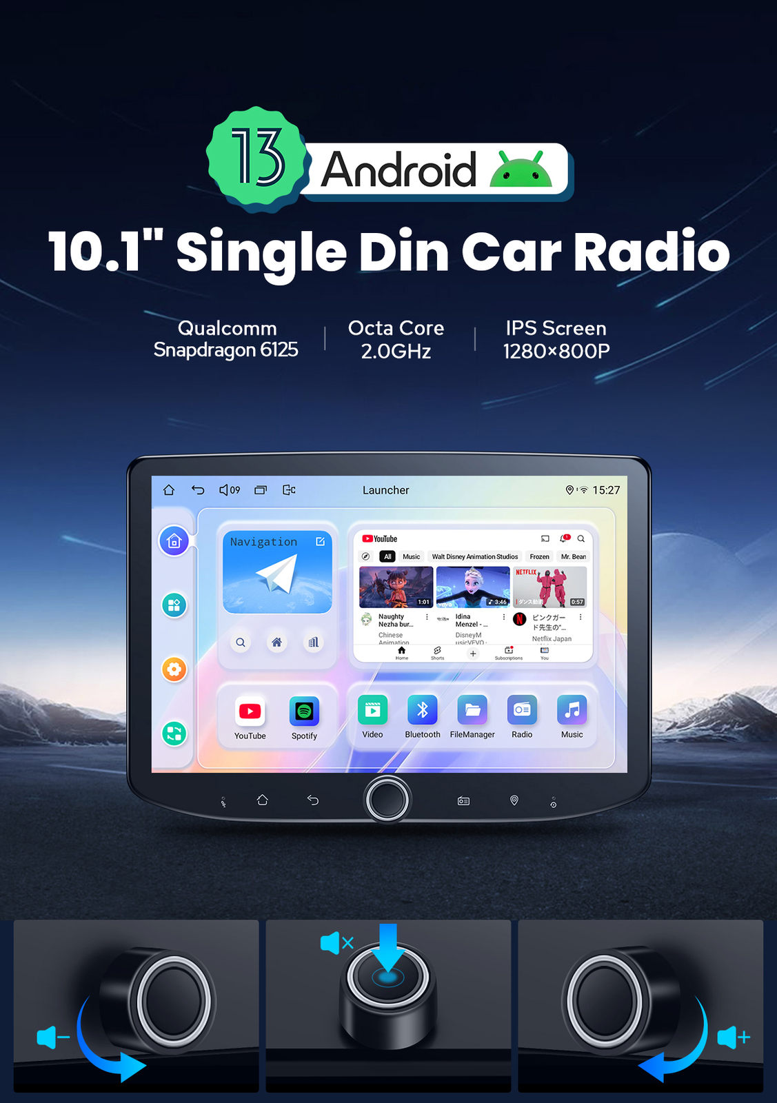 JOYING 10.1 Inch Android 13 Single Din Car Stereo with Physical Volume Knob FM