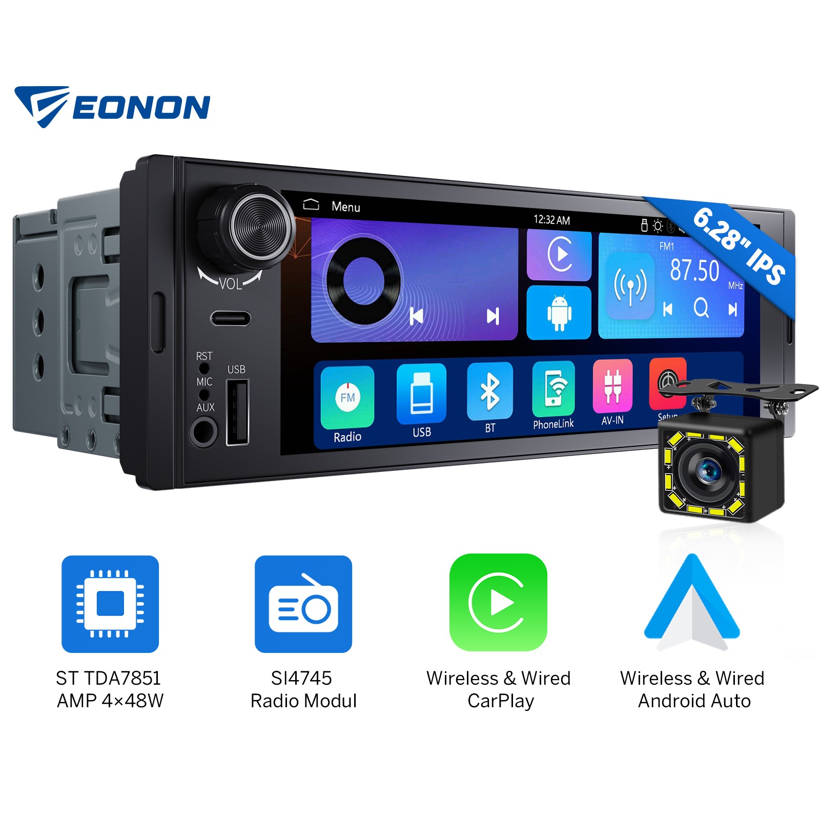 Eonon X3U 6.28″ IPS Touch Screen Car Stereo 1 DIN Android Auto CarPlay Radio CAM