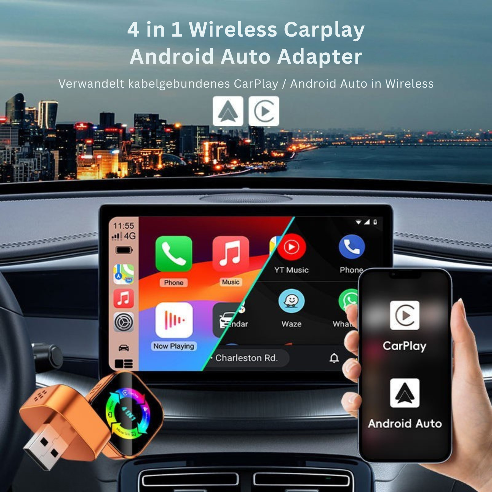 Wireless CarPlay Adapter 4in1 AirPlay MirrorLink Sat Nav Music Car iOS Android