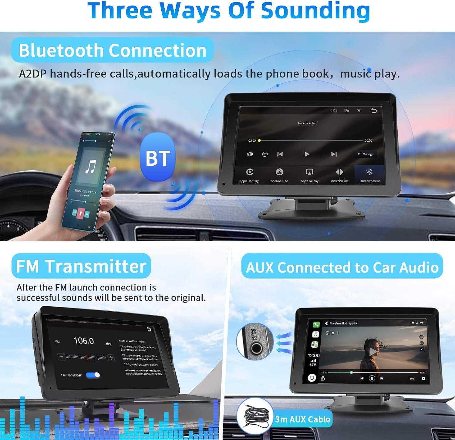 Podofo Portable Car Stereo with Wireless Carplay Android Auto 7 Inch IPS Screen