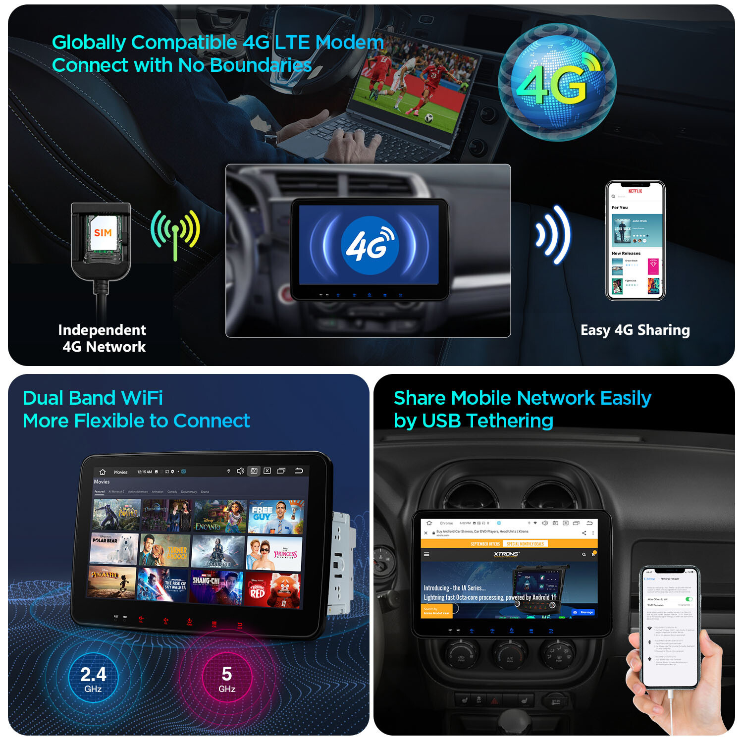 DVR+ 10.1” QLED Double 2DIN WiFi Android 13 8-Core CarPlay Stereo GPS 4G LTE BT