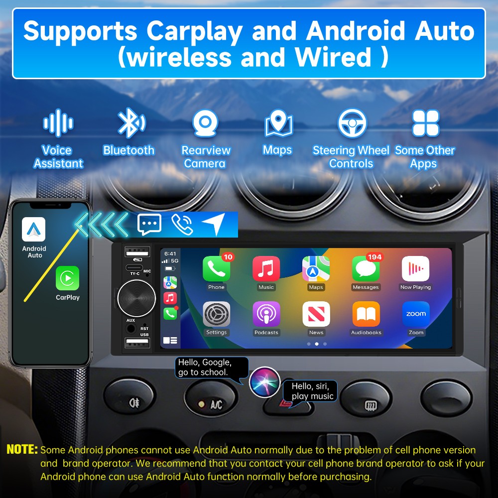 6.28″Rear Camera CarPlay Android Auto For Universal Car Stereo Multimedia Player