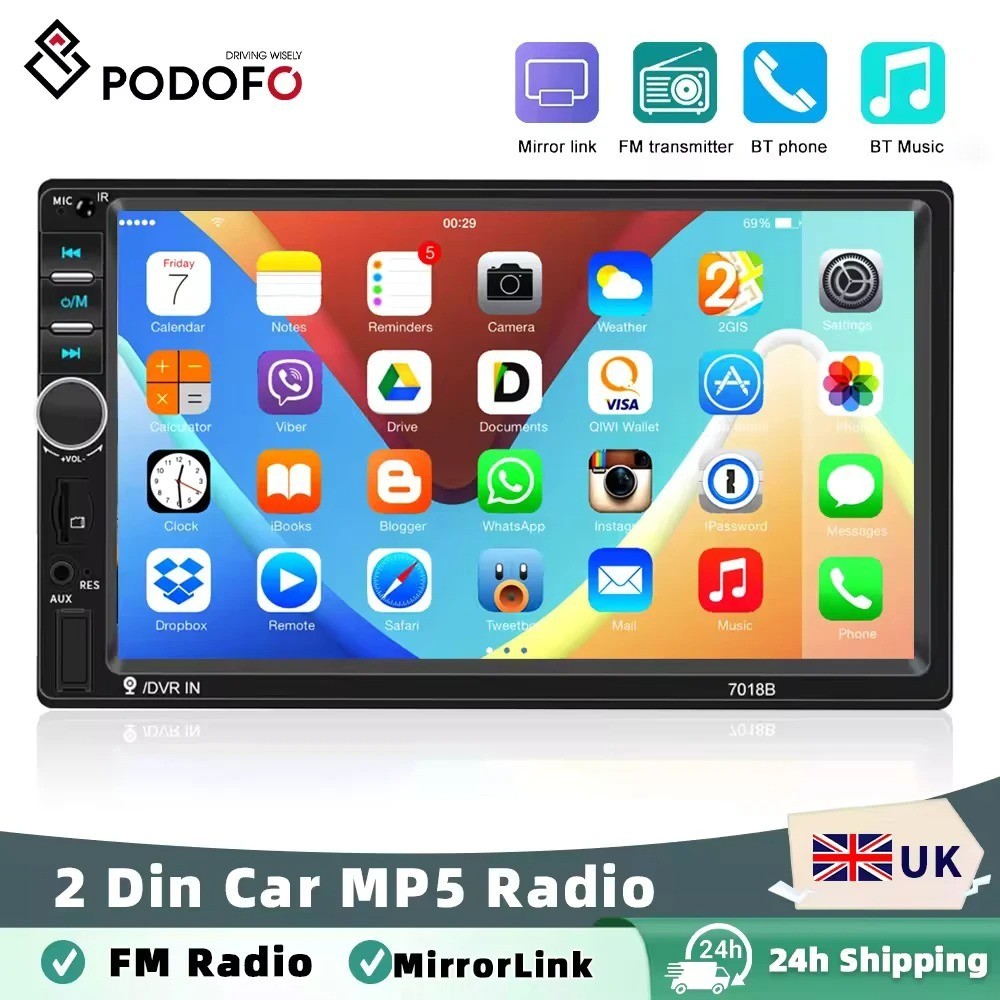 Podofo 7″ 2 Din Car Stereo Bluetooth Touch Screen Mirror Link Multimedia Player