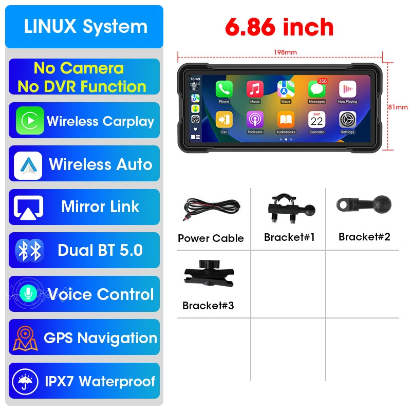 6.86 inch Portable Motorcycle GPS Navigation 2K Camera DVR Wireless Android