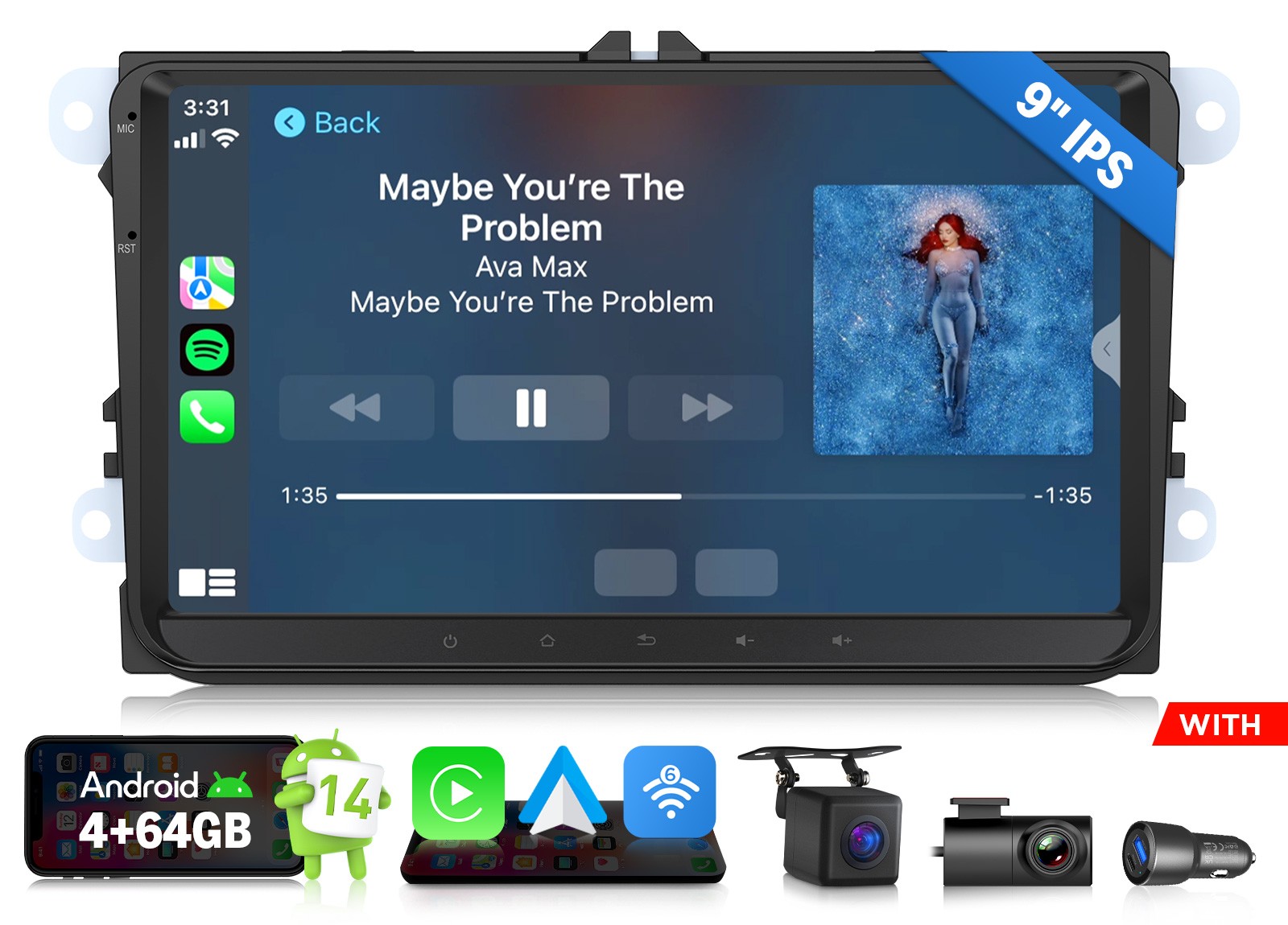 Android Auto 14 Car Stereo 9″ for VW Jetta Golf Passat Wireless CarPlay HeadUnit
