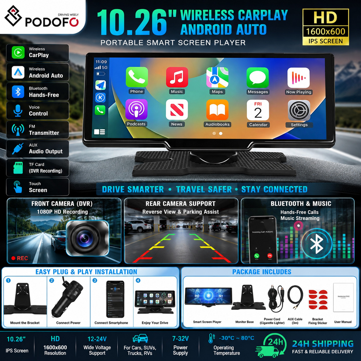 10.26” Wireless Apple CarPlay Android Auto Car Stereo Touchscreen BT GPS