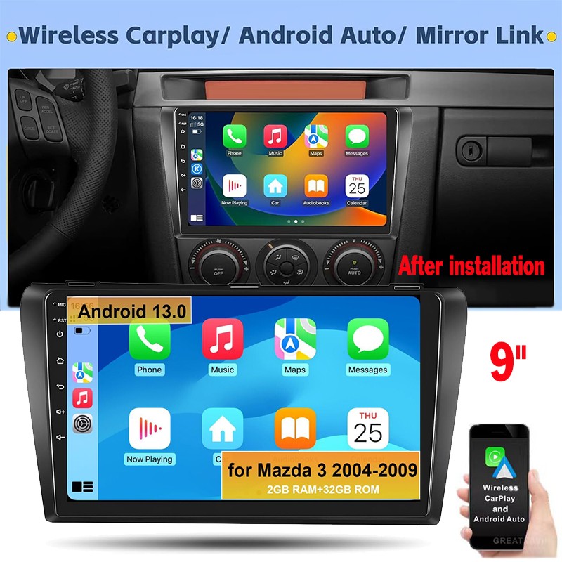 For Mazda 3 2004-2009 Navi WiFi Stereo 9″ Android 13 GPS Radio CarPlay-US Stock