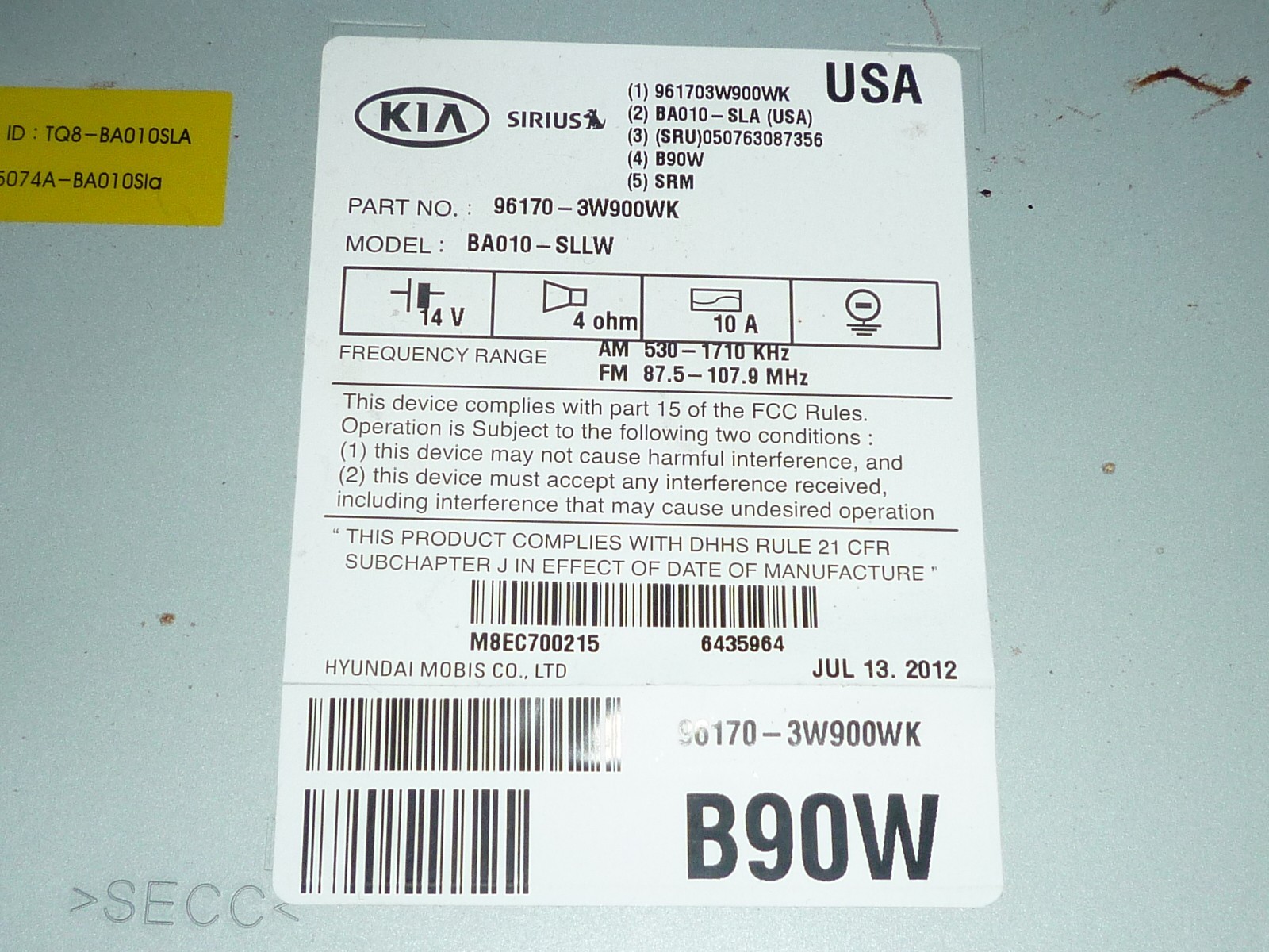 2010 – 2013 Kia Sportage 96170-3W900WK – OEM Touch Screen CD / Radio & FASCIA