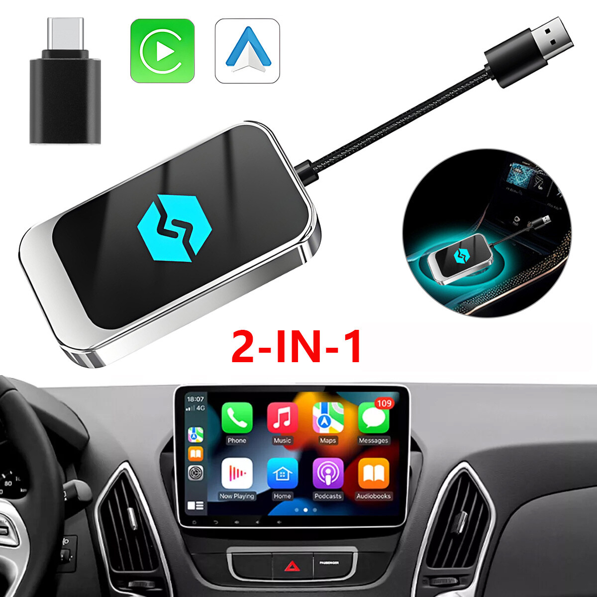 Universal Fit Wireless CarPlay Dongle | 2-in-1 for iOS & Android, Auto Connect