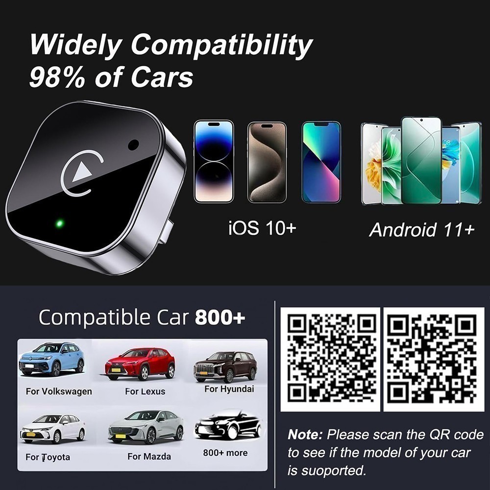 Wireless CarPlay Adapter for Apple iPhone & Android Auto USB Adapter Plug & Play