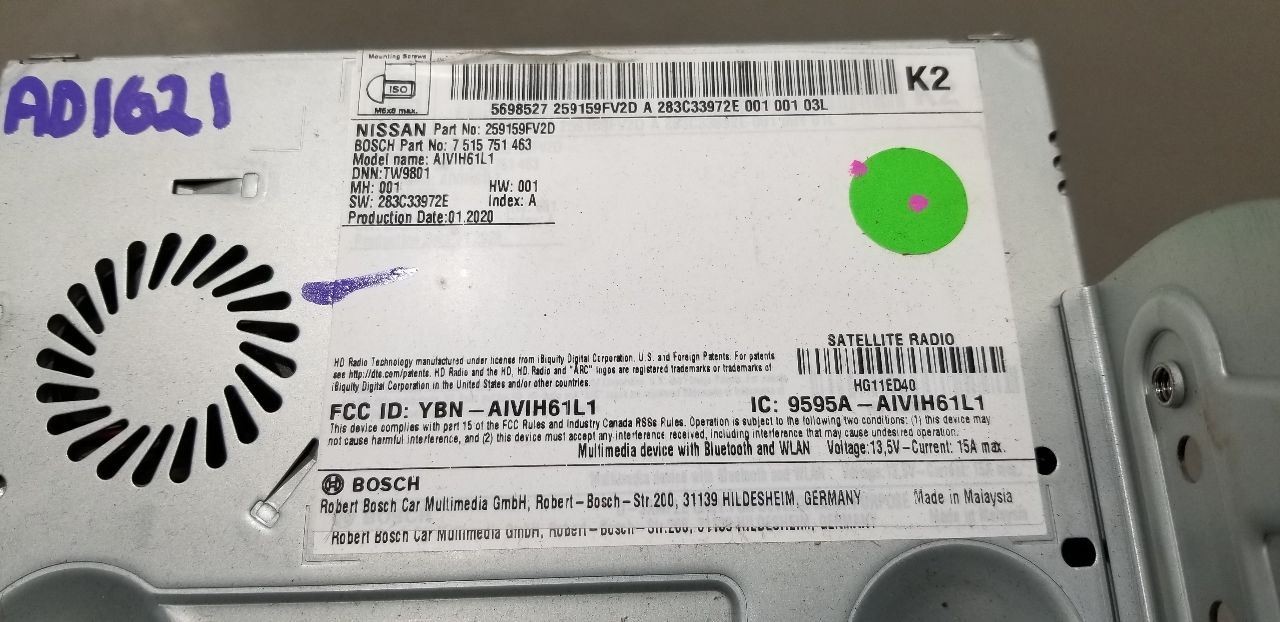 20 NISSAN TITAN RADIO ADUIO NAVIGATION DISPLAY RECEIVER CONTROL UNIT 259159FV2D
