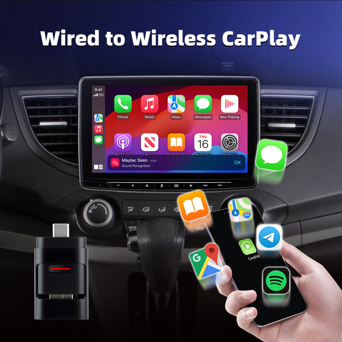 New USB/Type-C Wireless CarPlay Adapter Bluetooth 5.2 5GHz WiFi Auto OTA Update