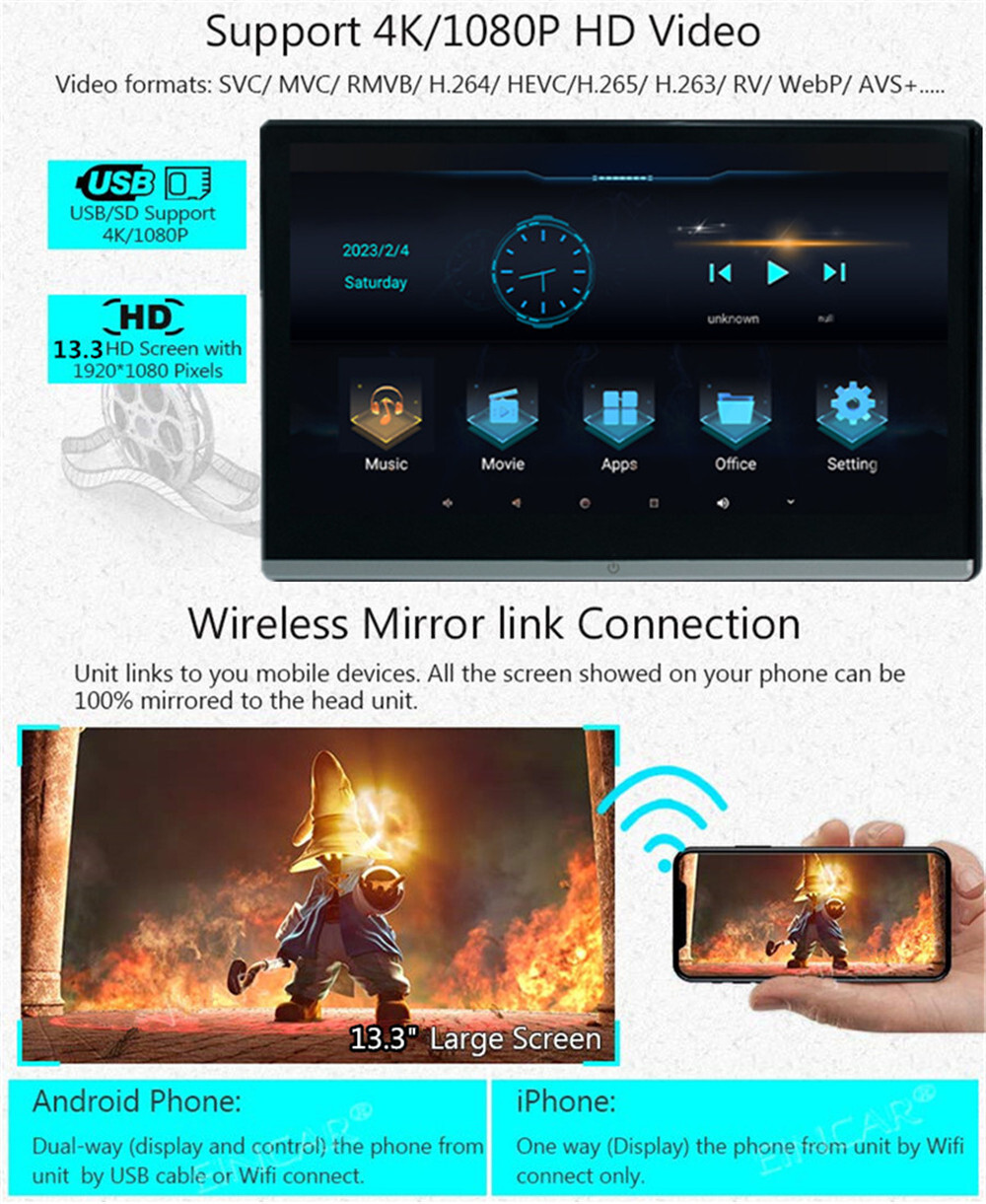 2PCS Android 11 Car Rear Headrest Monitor Player 13.3in Touch Screen 4+64G WIFI