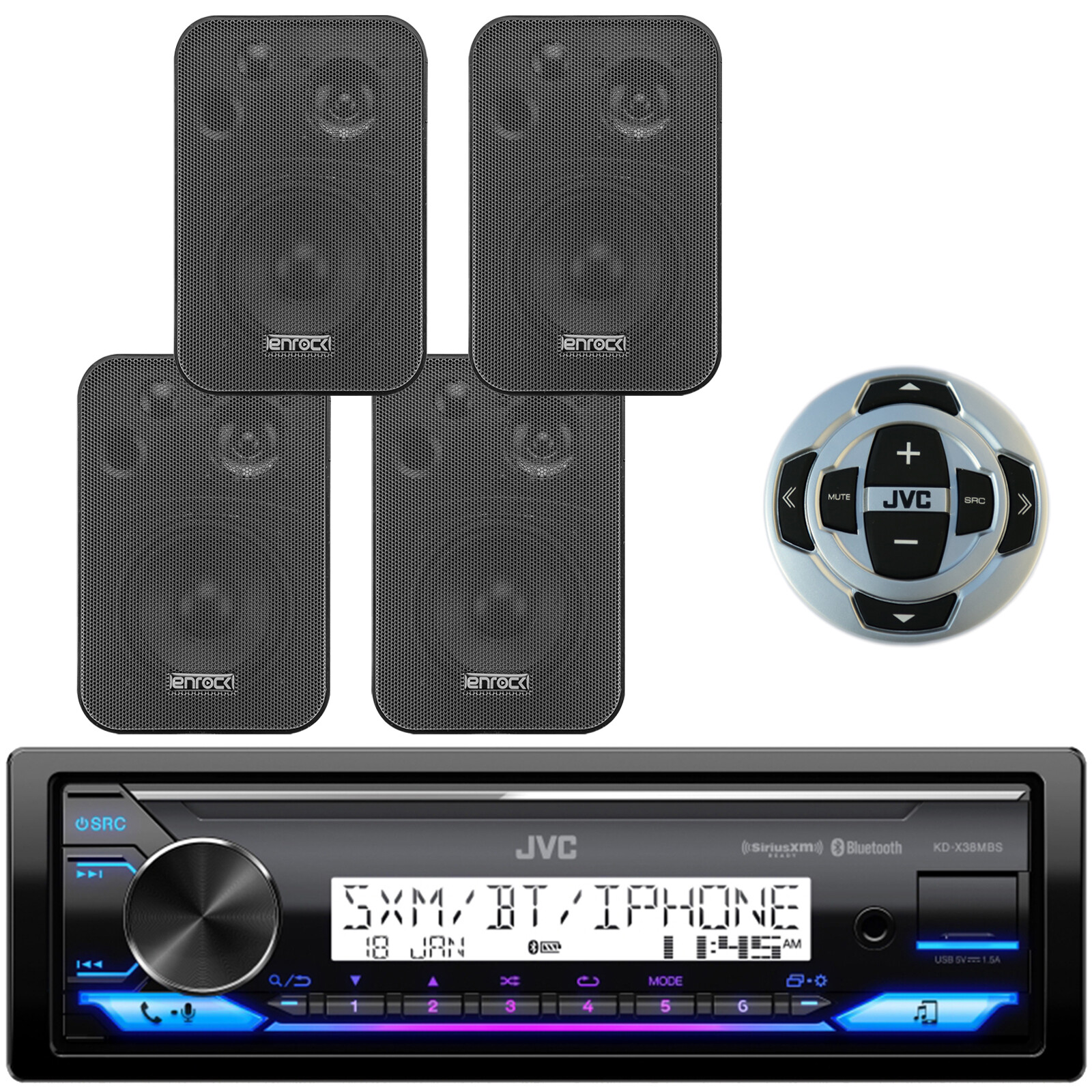 JVC KD-X38MBS 1 DIN USB LED Stereo Receiver, Remote, 4x 4″ Speakers