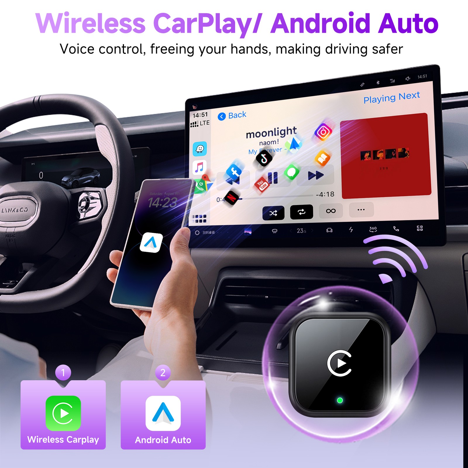 2-IN-1 Carplay Adapter Wired to Wireless CarPlay Android Auto Mirror Link USA