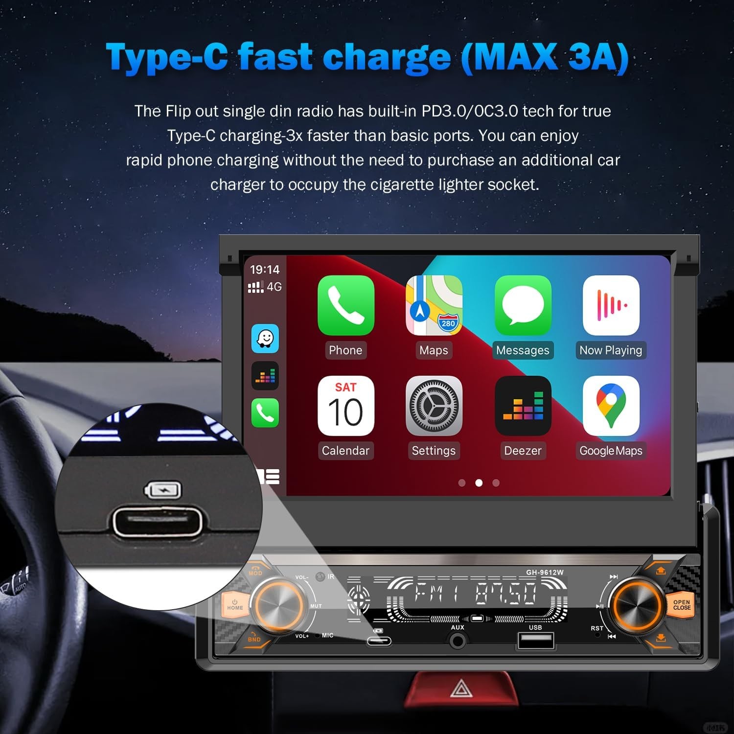 Car Stereo Radio 7″ Fold Out Touch Screen Bluetooth USB AUX MP5 USB Single DIN