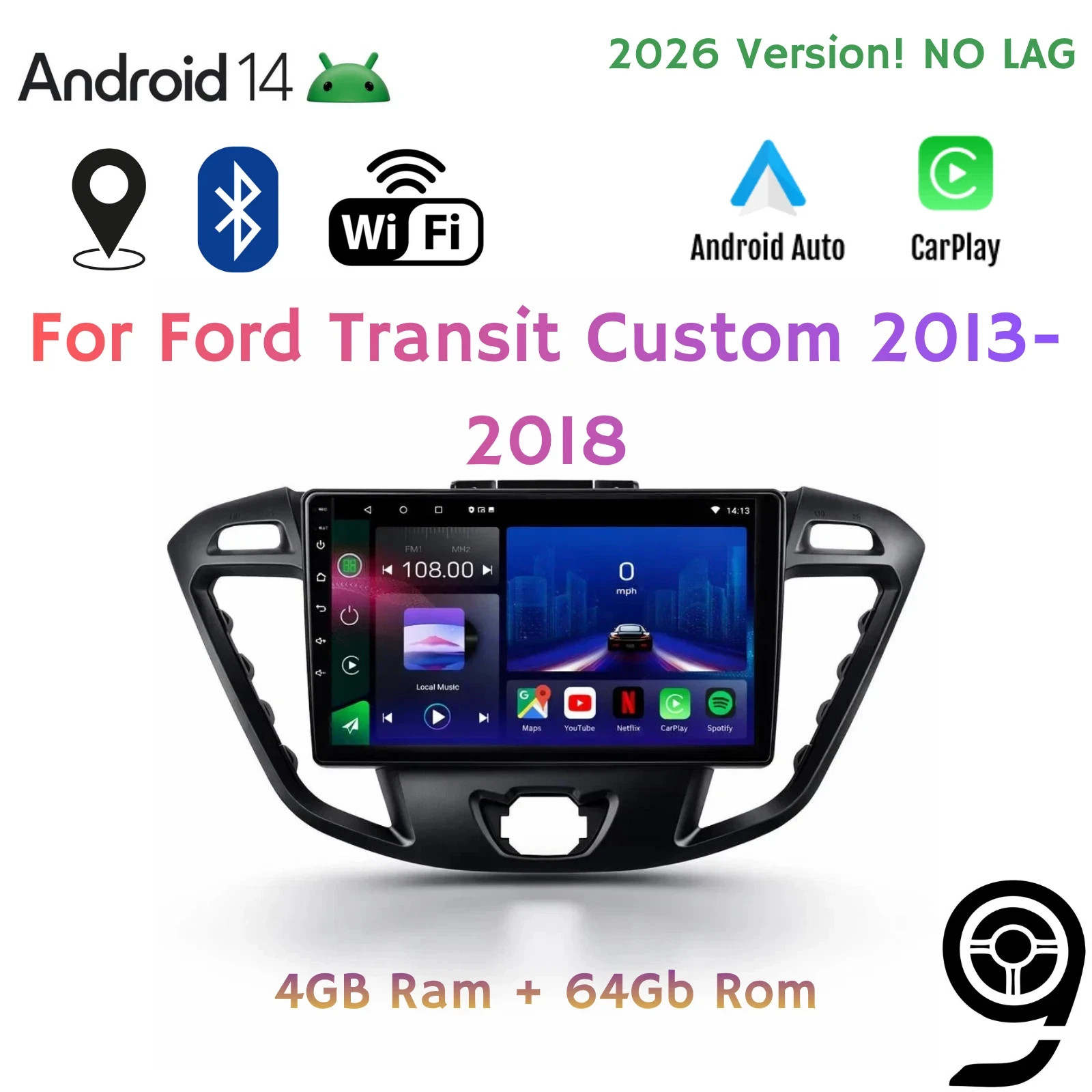 For Ford Transit Custom MK8 2013-2018 Stereo GPS Android Auto Carplay 4/64 SWC9″