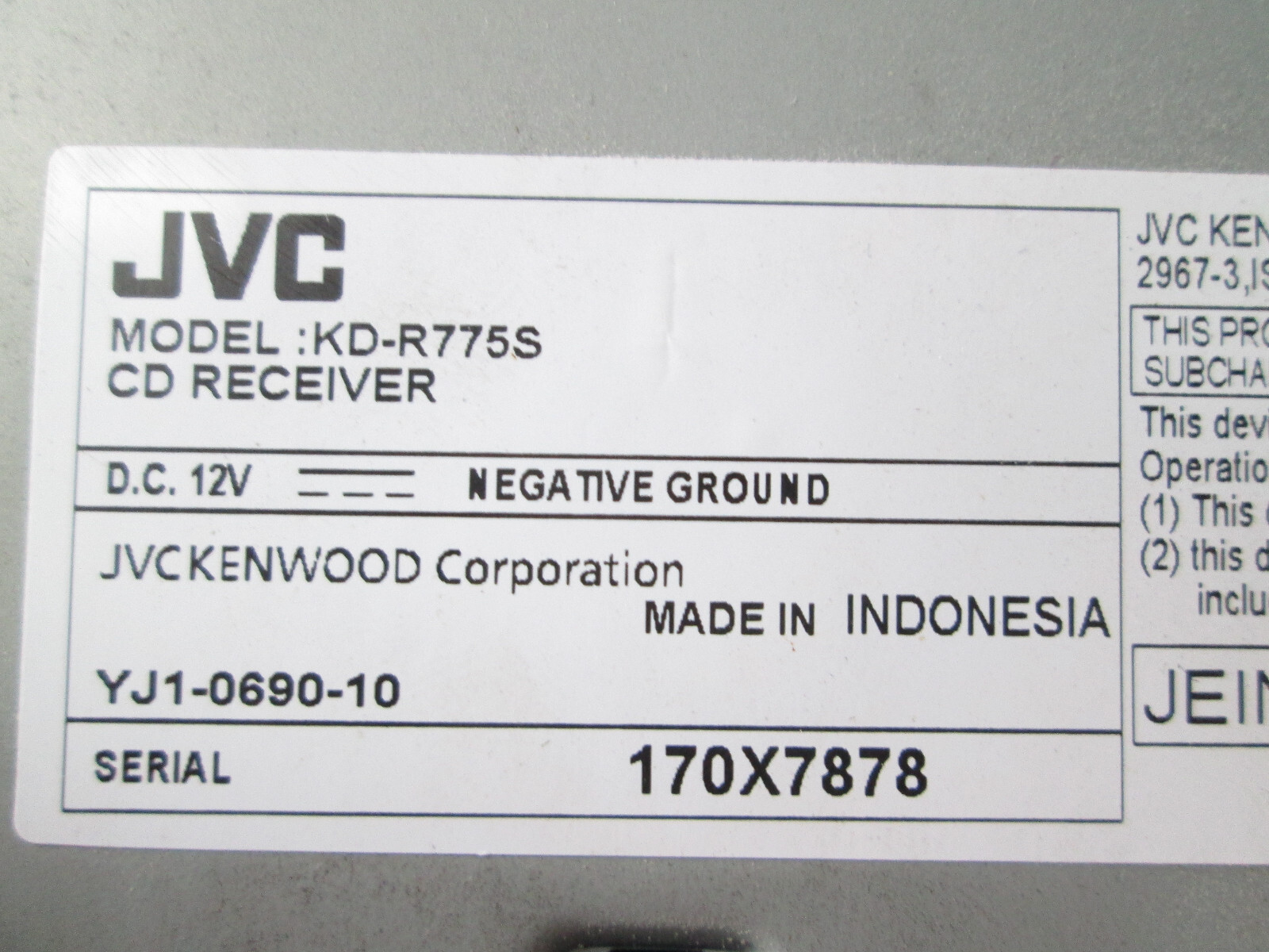 JVC KD-R775S Rado CD WMA MP3 Flac Sirius MP3 Aux Input Stereo Player *Read*