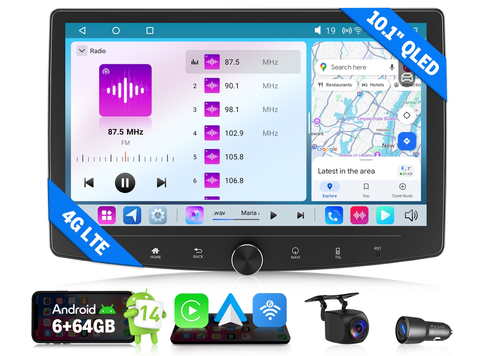 10.1″ QLED Android 14 6+64 2Din Car Stereo CarPlay GPS Nav WiFi Radio 4G LTE DSP