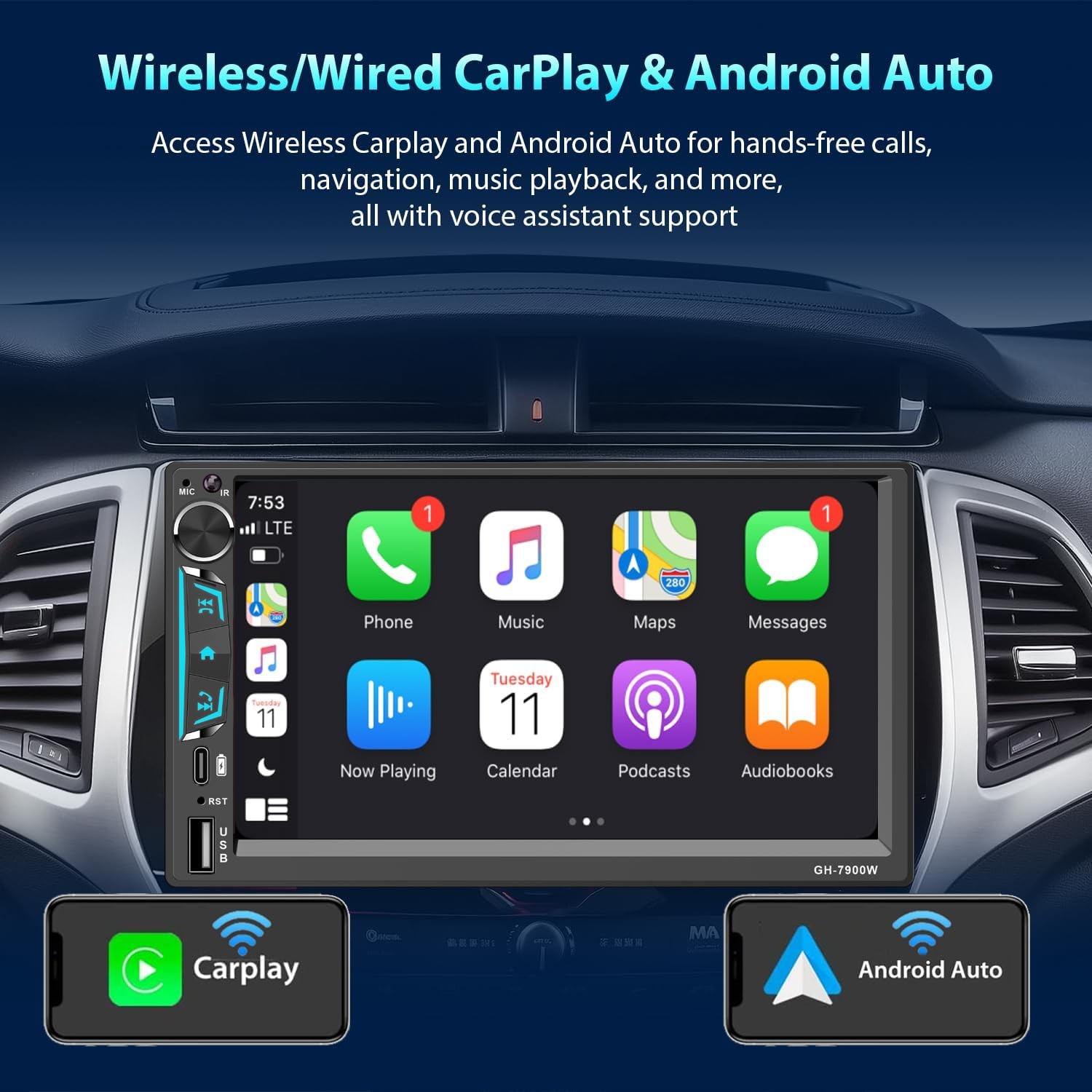 7″ Car Radio Apple/Andriod Carplay Car Stereo Touch Screen Double 2Din + Camera