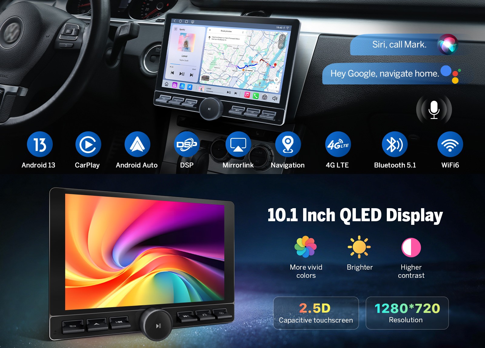 Android Car Stereo 10.1″ QLED 8+128 Double 2DIN CarPlay GPS Navigation Head Unit
