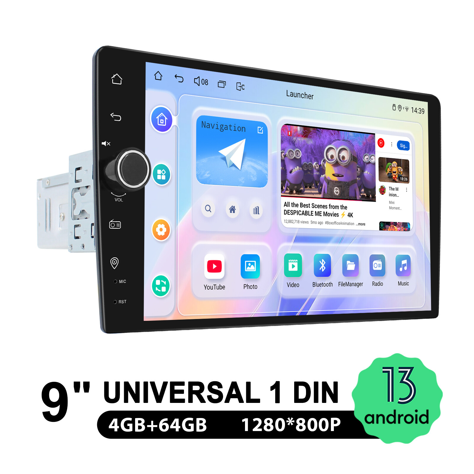 9 Inch Single Din Touch Screen Carplay Universal Android 13 Car Radio with Knob