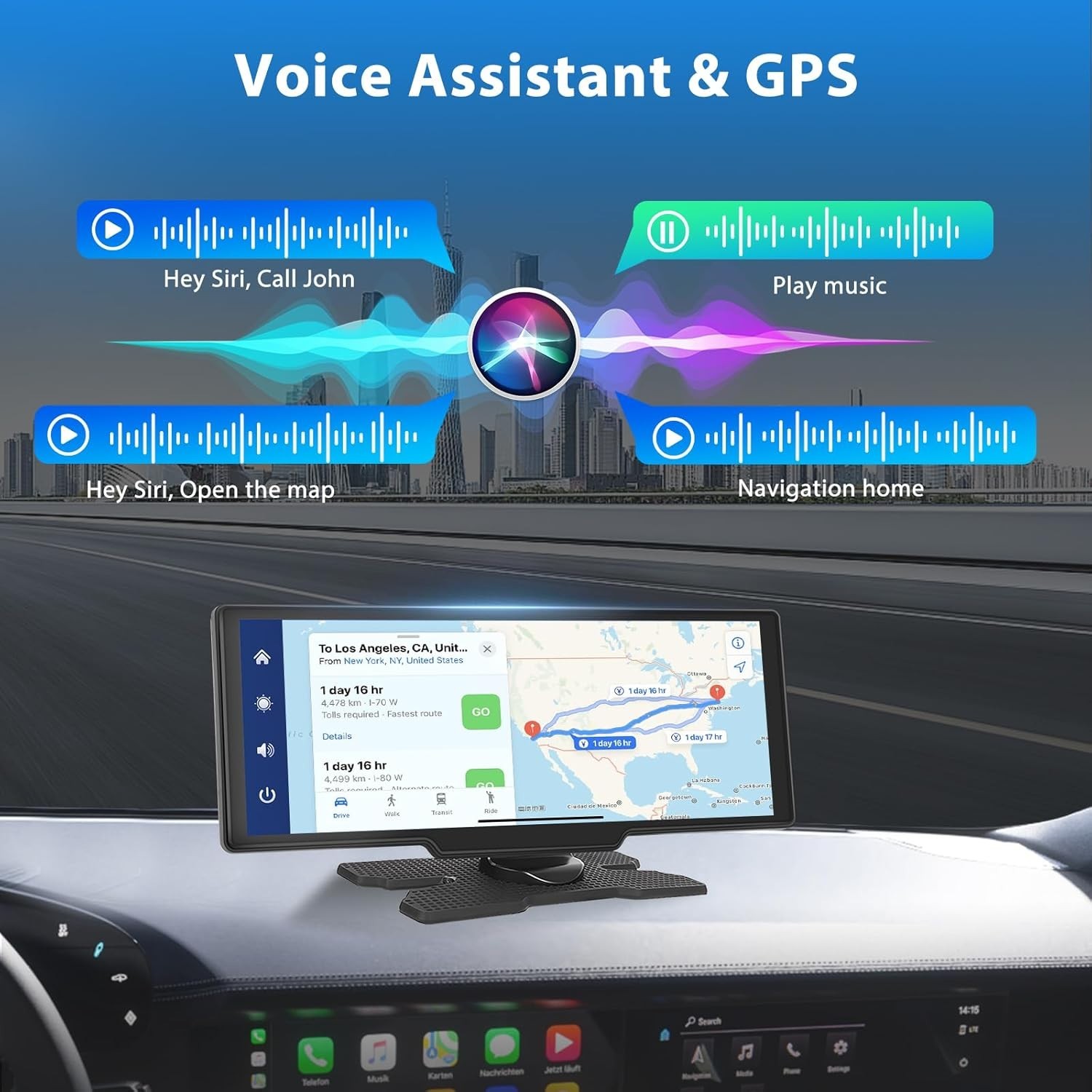 10.26″ Wireless Apple CarPlay Android Auto Portable Touch Screen Monitor Car FM