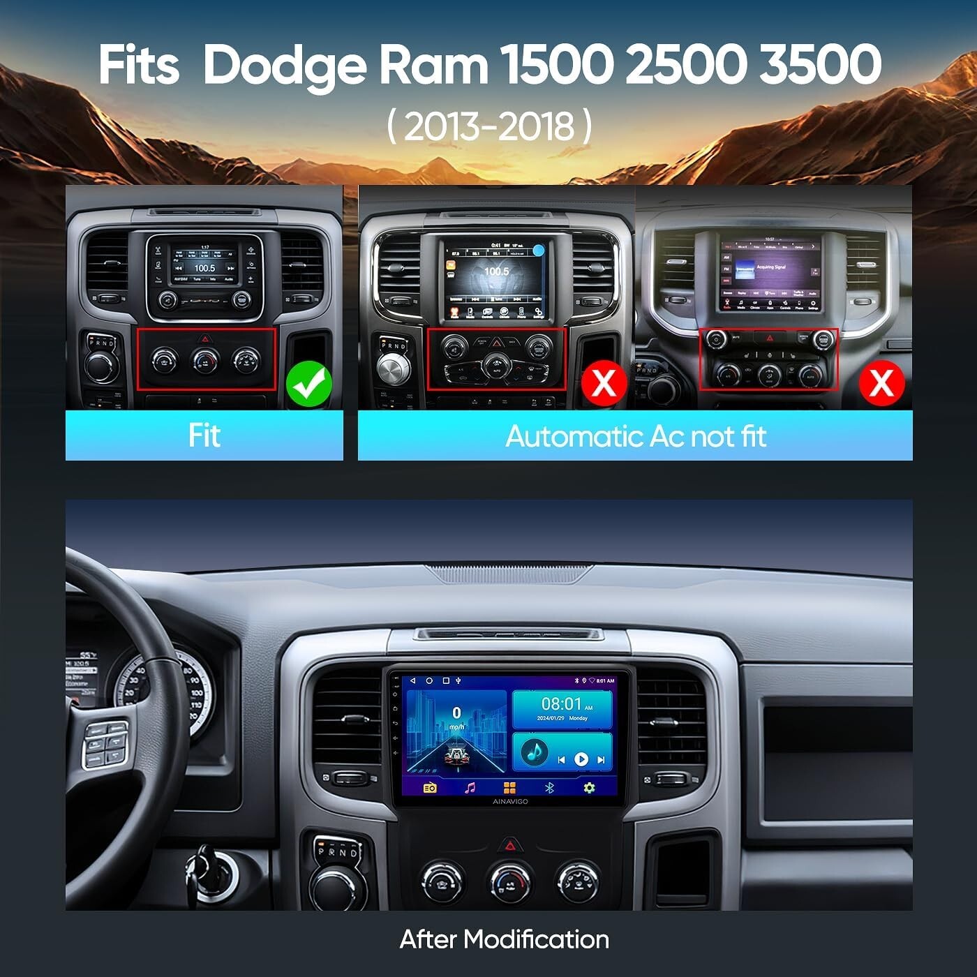 Car Stereo for Dodge Ram 1500/2500/3500 (2013–2018) Wireless CarPlay & Android