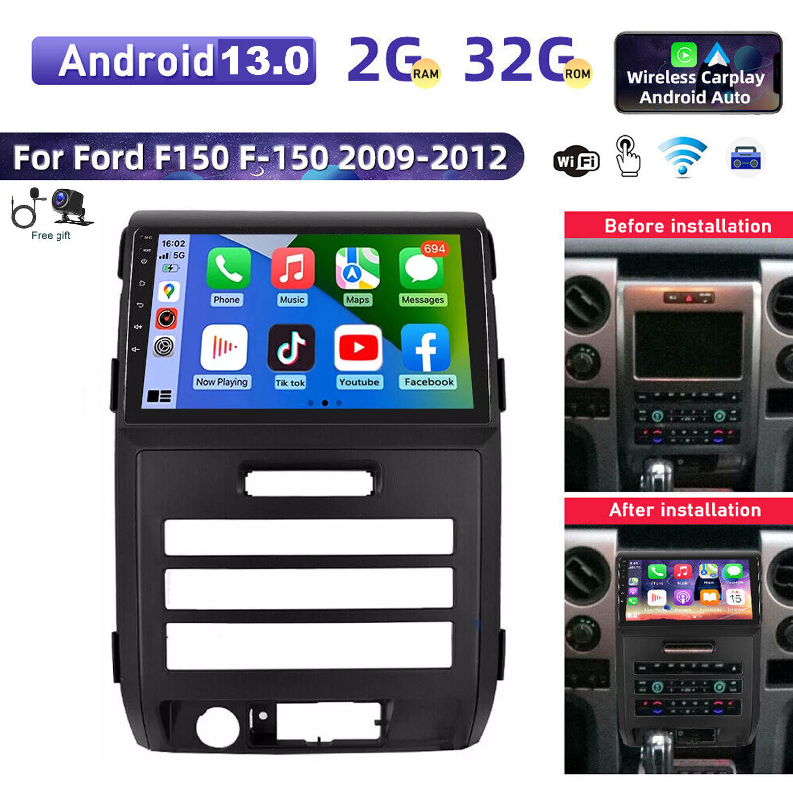 For Ford F150 F-150 2009-2012 Android 13 Carplay Car Stereo Radio Wifi GPS Navi