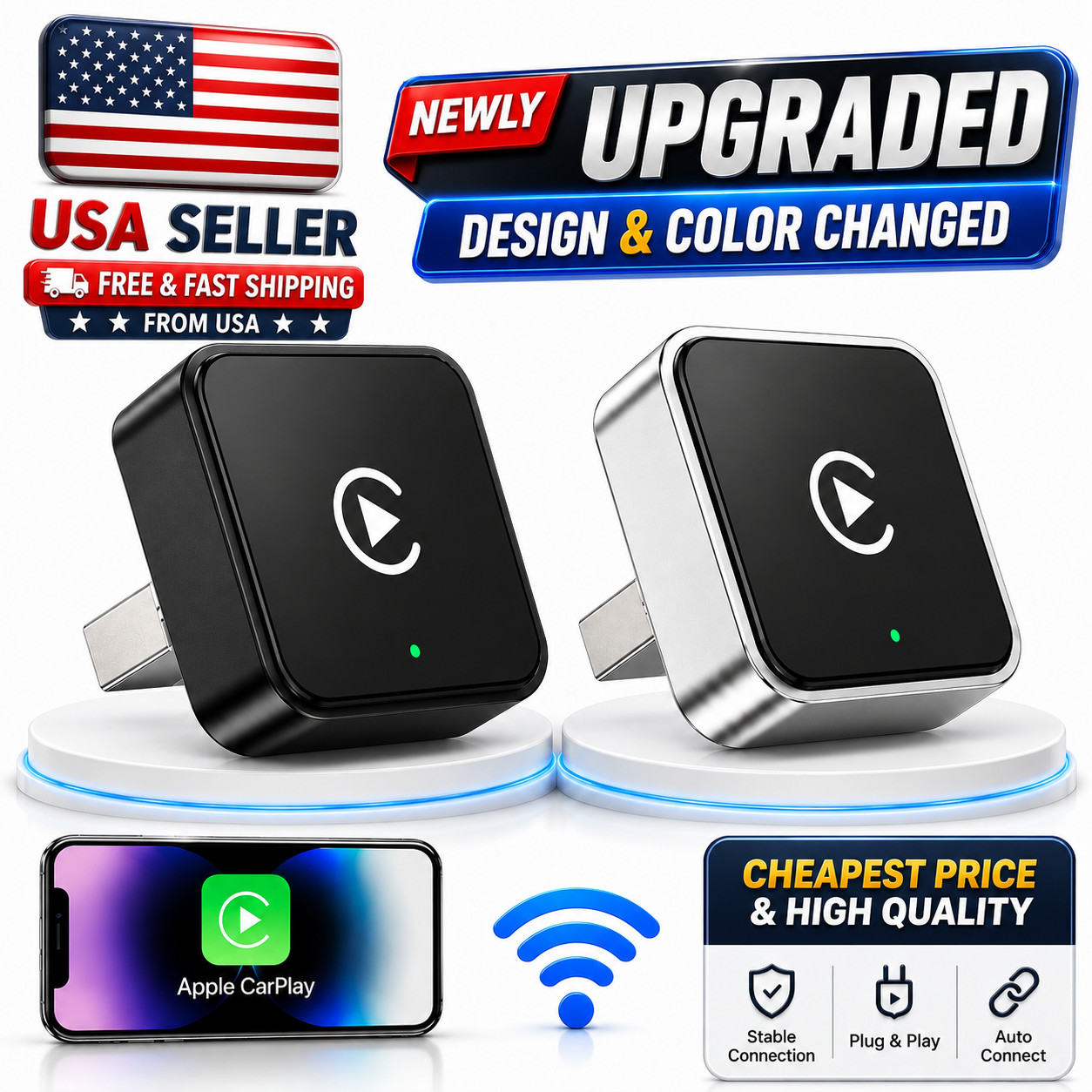 Wireless CarPlay Adapter for Apple iPhone & Android Auto USB Adapter Plug & Play