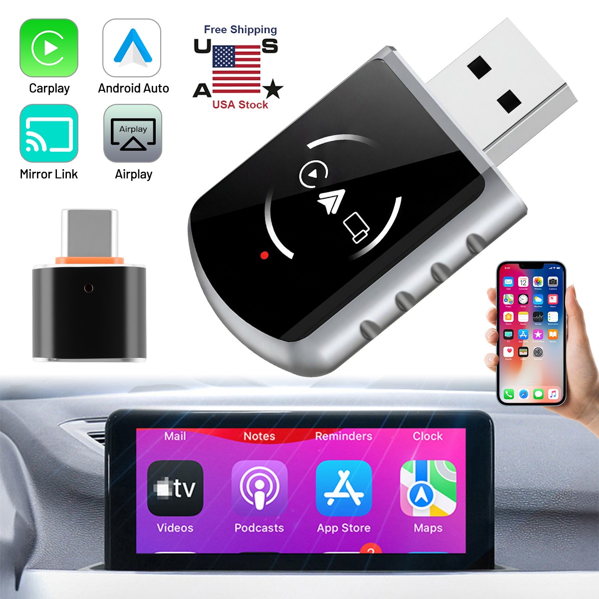 New Wireless CarPlay Android Auto Adapter USB Type-C Plug & Play Convert Wired