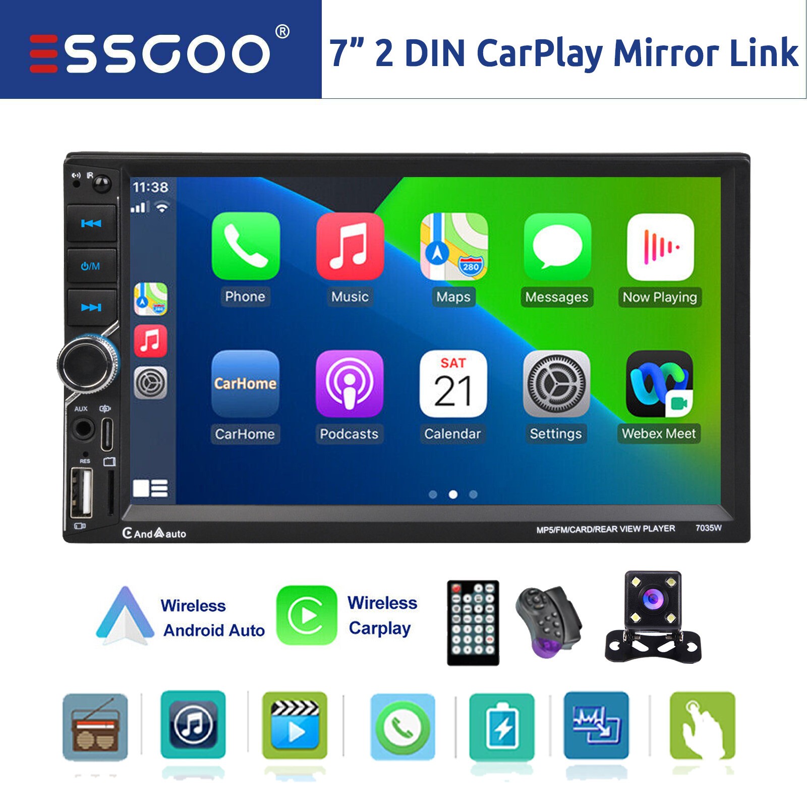 Apple CarPlay Android Auto Car Stereo Bluetooth CAM Radio 7″ 2 DIN Touch Screen