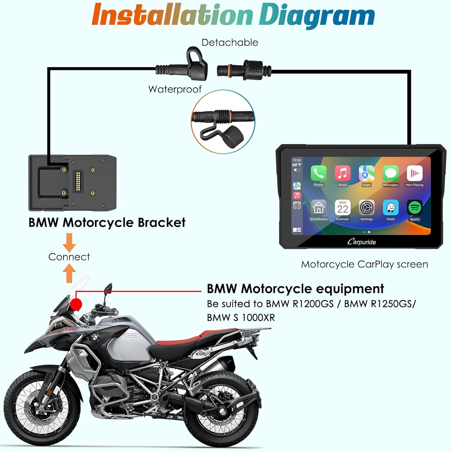 Carpuride W502B Carplay Android Auto Waterproof Touchscreen GPS Navigation Moto