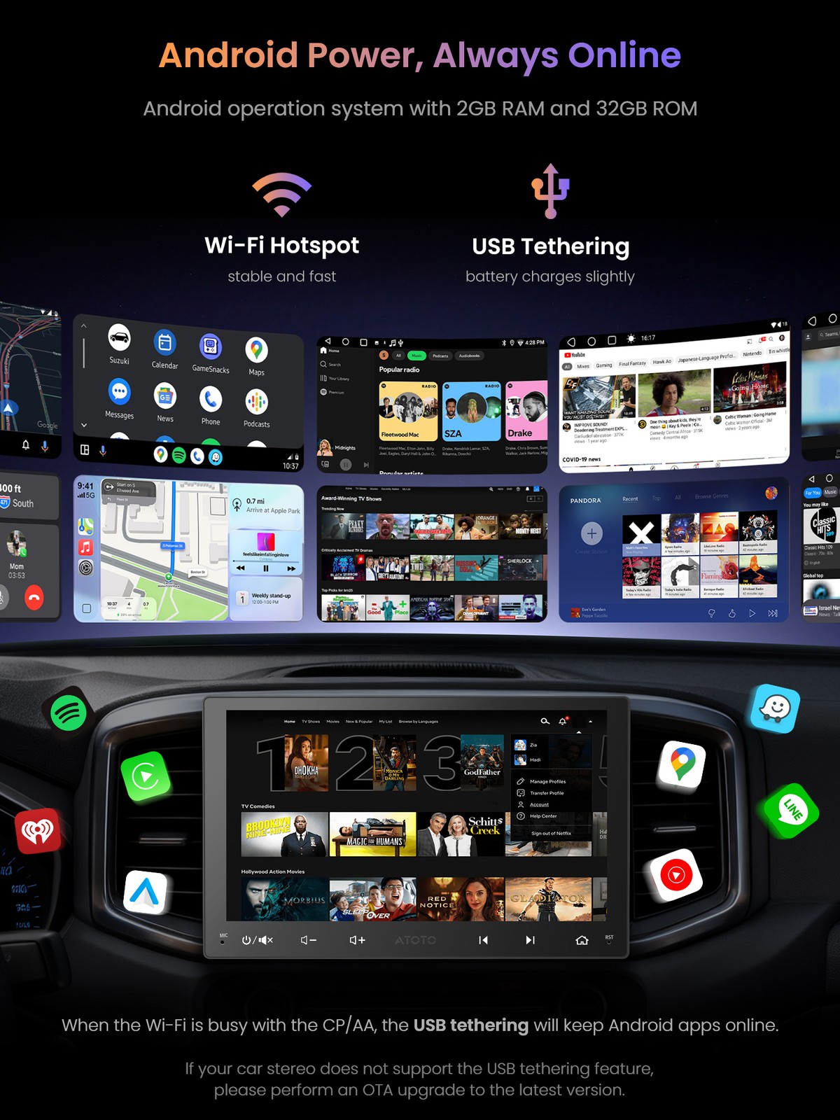 ATOTO A6 PF 9in 2DIN Android Car Stereo with Wireless CarPlay,Android Auto,WiFi
