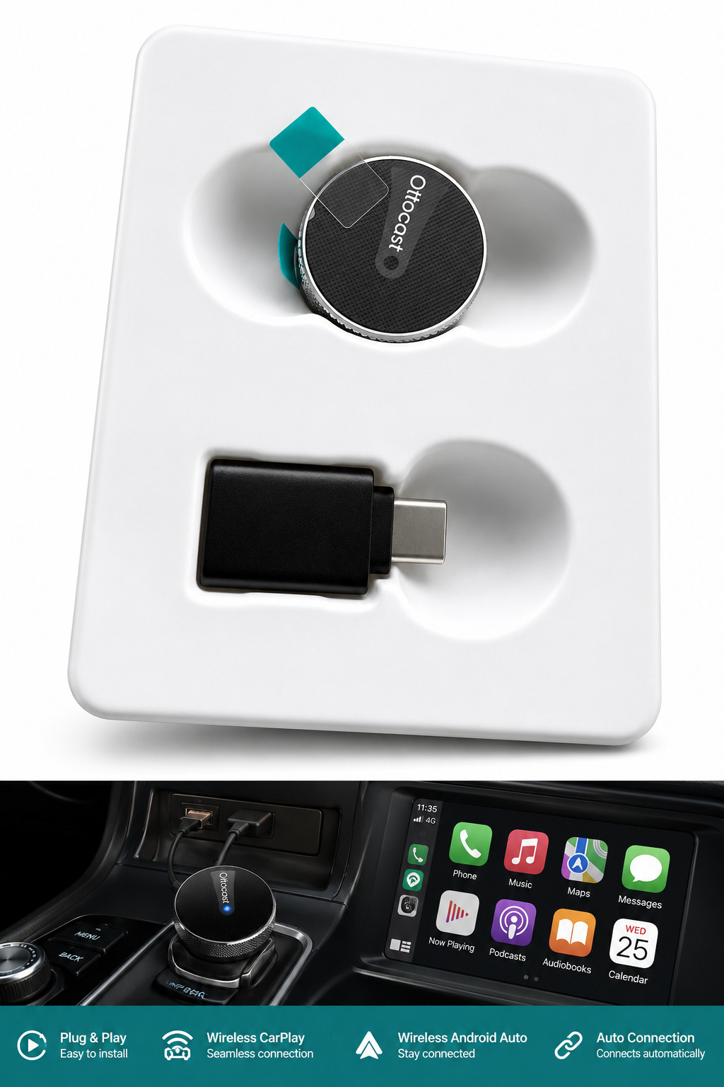 OTTOCAST Mini Tube CP88 Wireless CarPlay Android Auto Adapter Fast Shipping