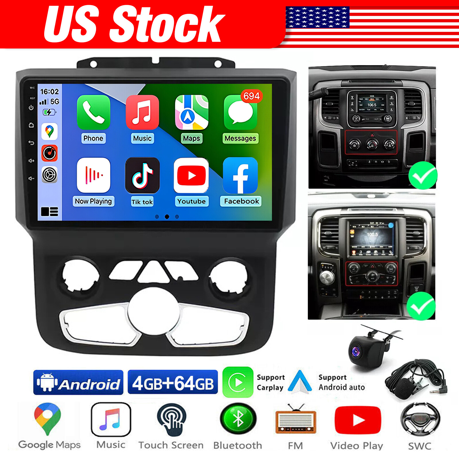 For Dodge RAM 2013-2019 1500 2500 3500 9″ Android Apple Carplay Car Radio Stereo