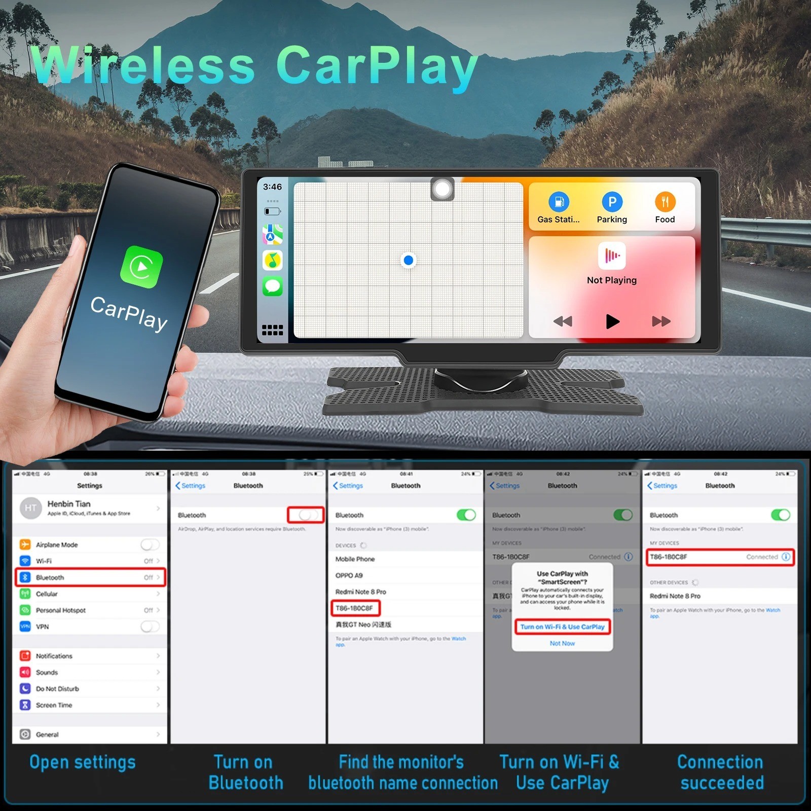 10.26″ Wireless Apple CarPlay Android Auto Portable Touch Screen Monitor Car FM