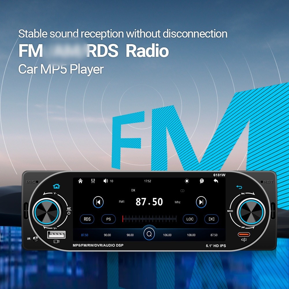 5.1in 1DIN Touch Screen Car MP5 Player USB Type-C FM For Carplay Android Auto