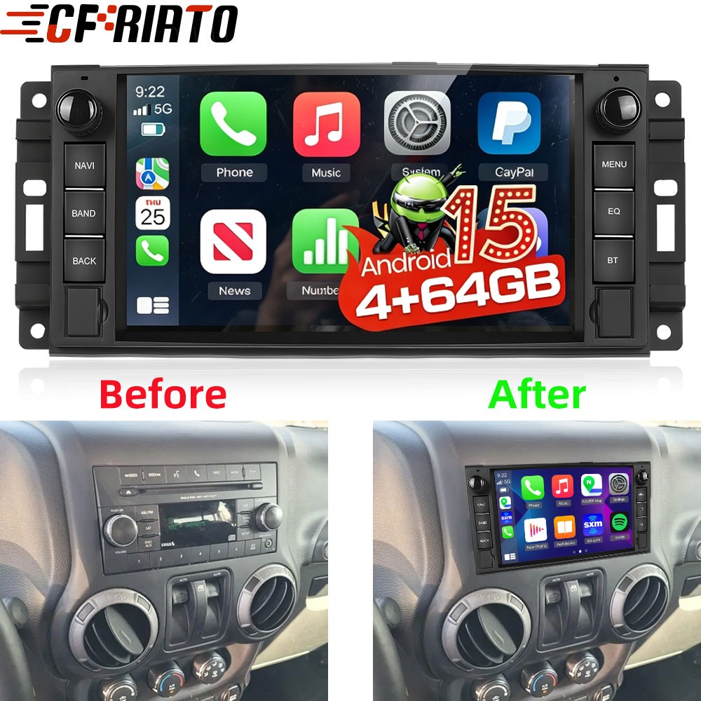 For Jeep Wrangler 2007-2017 Car Stereo Apple CarPlay Android 15 Radio GPS 4+64GB