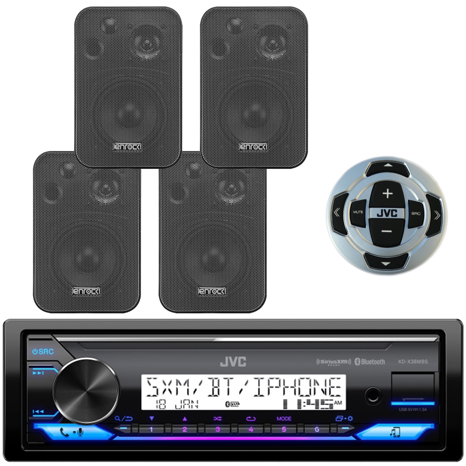JVC KD-X38MBS 1 DIN USB LED Stereo Receiver, Remote, 4x 4″ Speakers