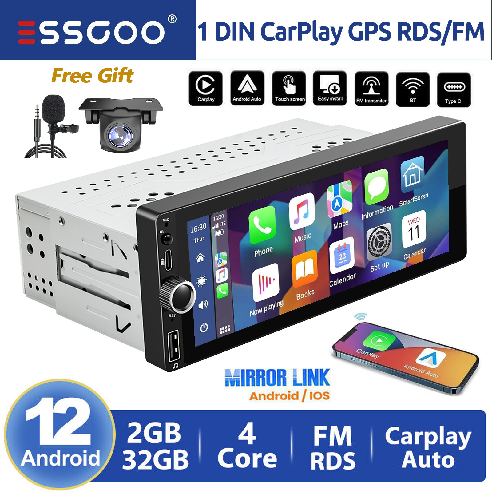 7″ Car Radio For Apple Carplay Android Single 1Din Touch Screen Stereo Bluetooth