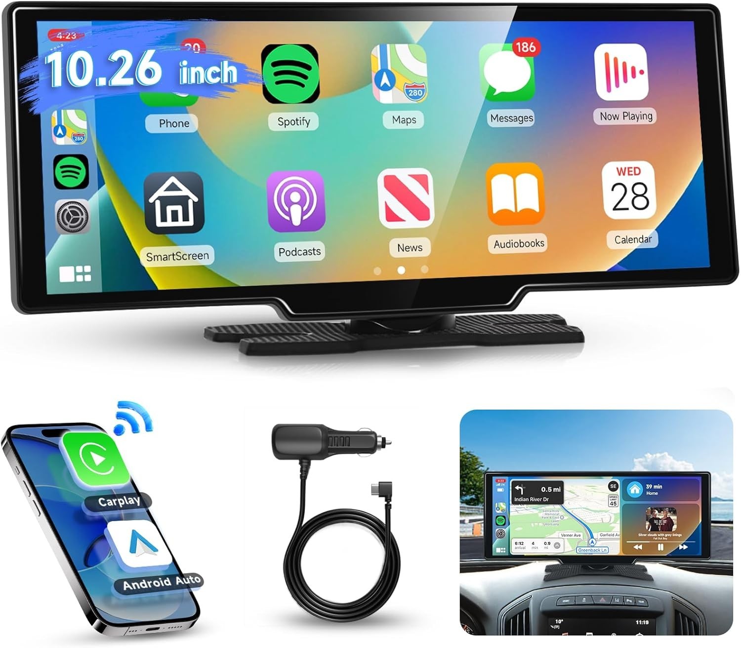 10.26″ Wireless Apple CarPlay Android Auto Portable Touch Screen Monitor Car FM