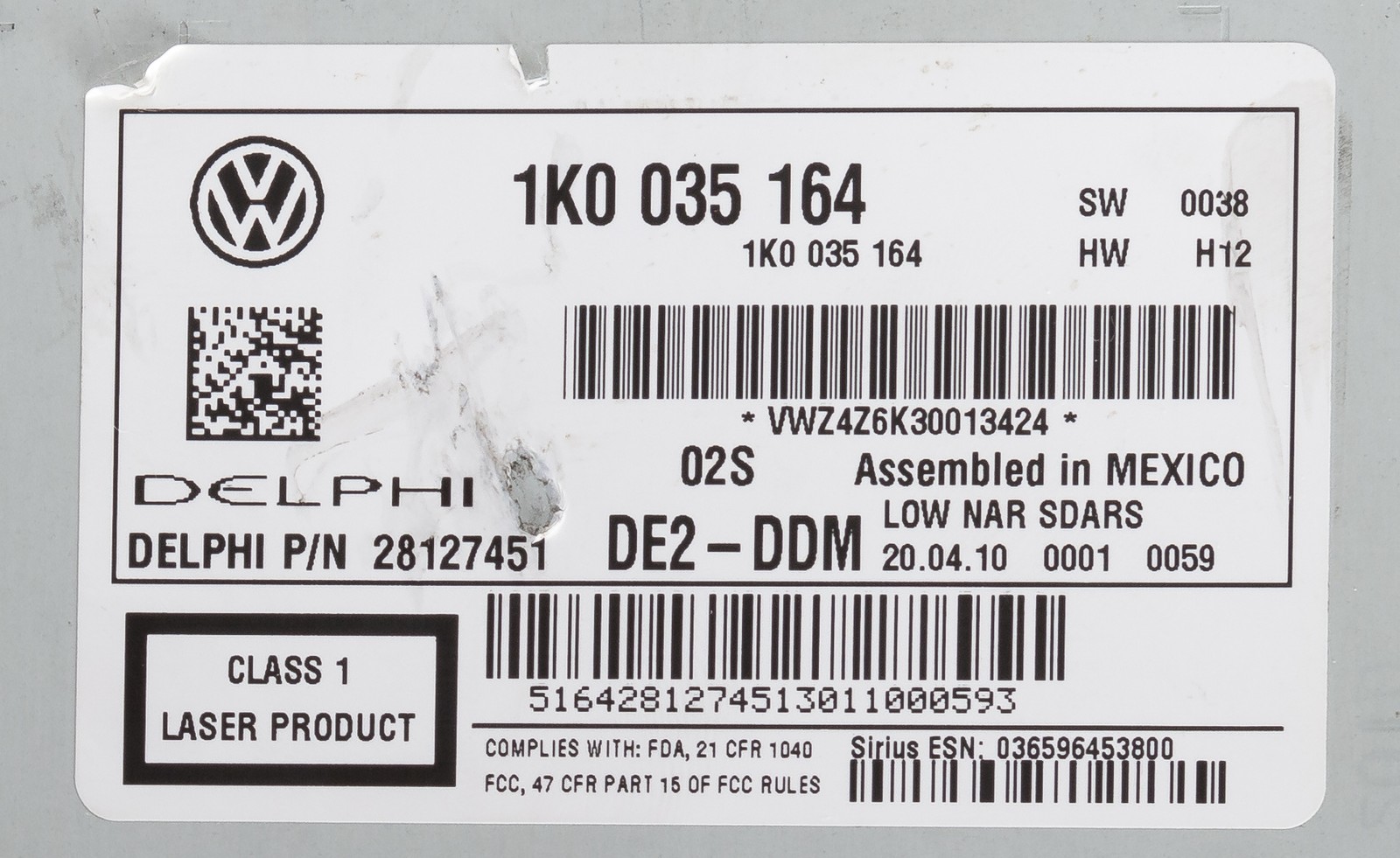 2011-2013 Volkswagen Jetta AM FM Satellite Radio CD MP3 Player Part ID 1K0035164