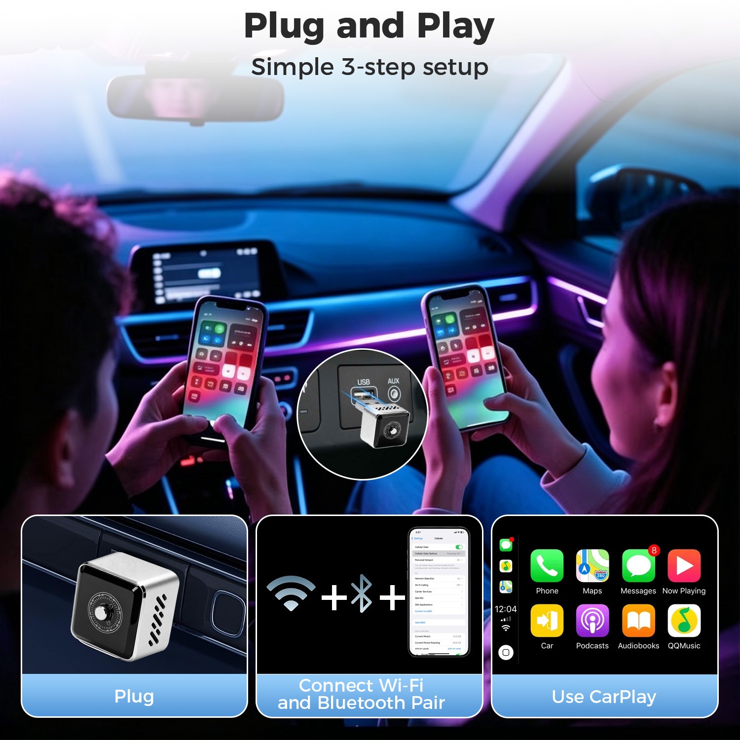 USB Wireless CarPlay & Android Auto Adapter – Fast & Stable,Dual-Band WiFi,BT5.2