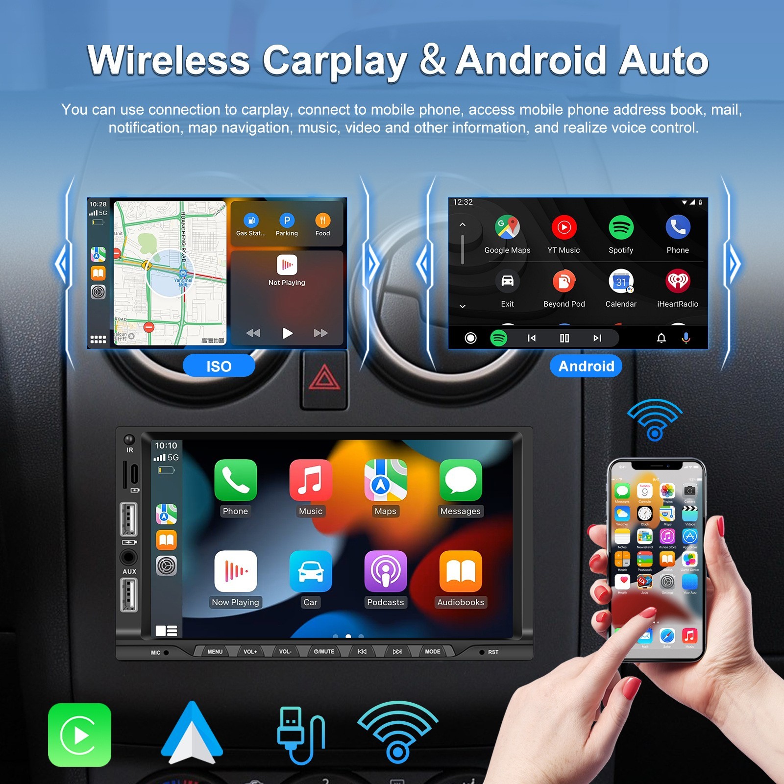 7″ Wireless CarPlay Android MP5 Car Stereo 1080p Touchscreen Bluetooth FM