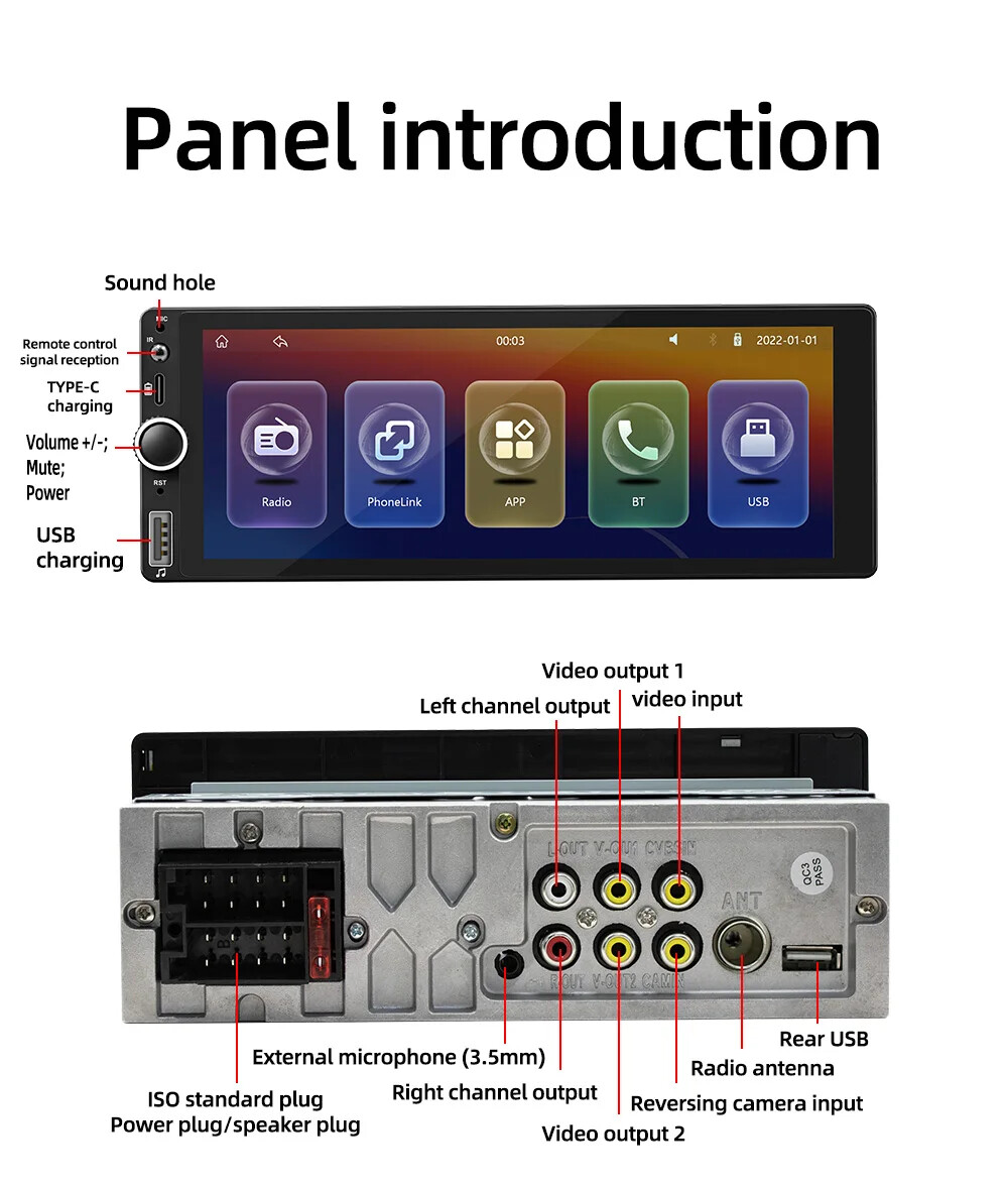 1din 6.86″ HD Car Radio Multimedia Carplay Touch Screen Mirror Link Bluetooth