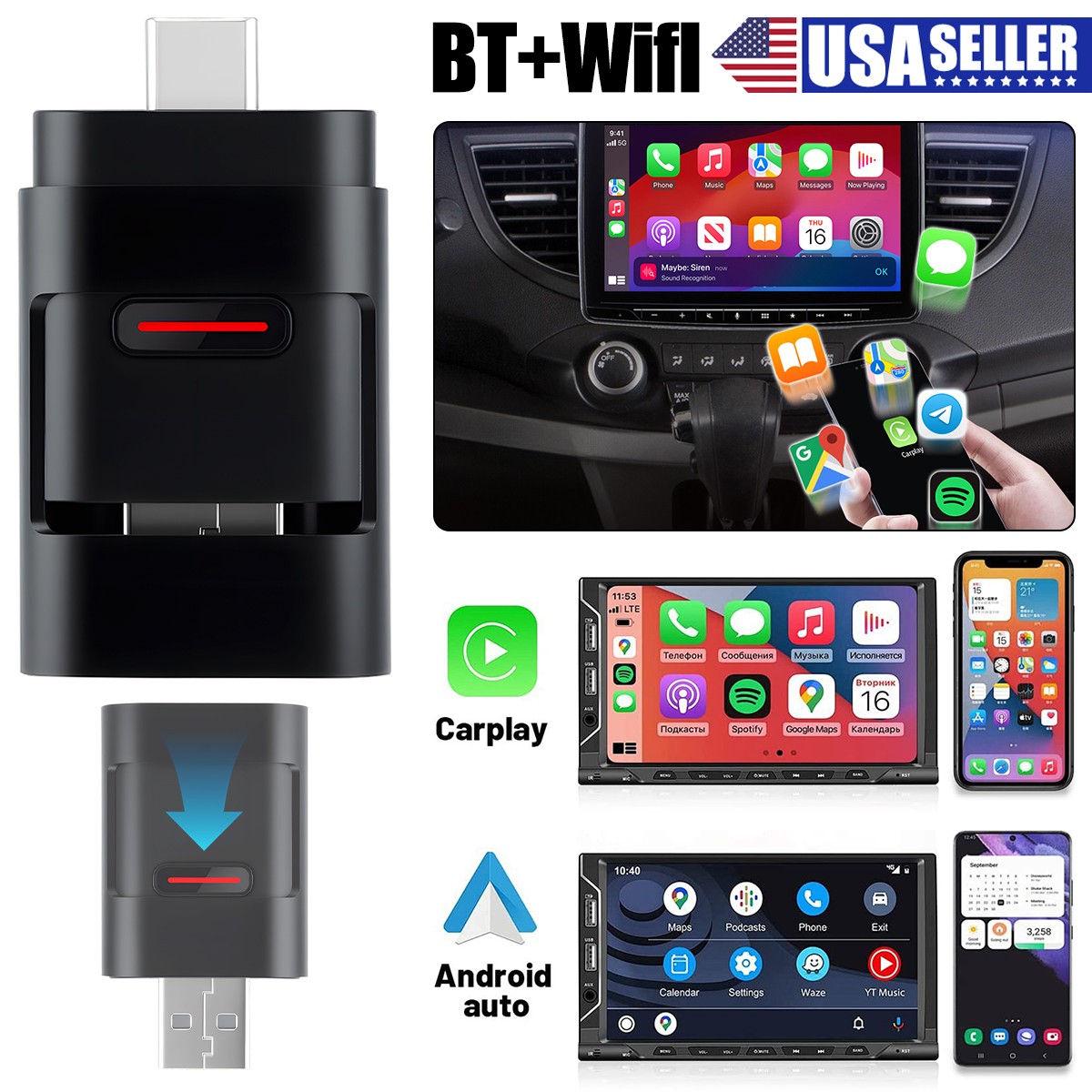2-in-1 Wireless CarPlay Adapter Bluetooth 5GHz WiFi Auto OTA Update USB / Type-C