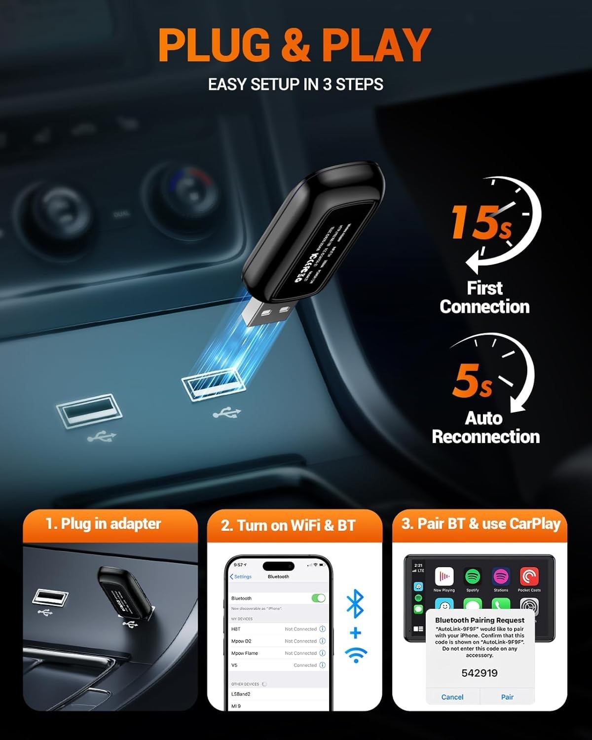 Wireless Apple CarPlay Adapter USB Type C Mini Dongle Fast Auto Connect iOS Siri