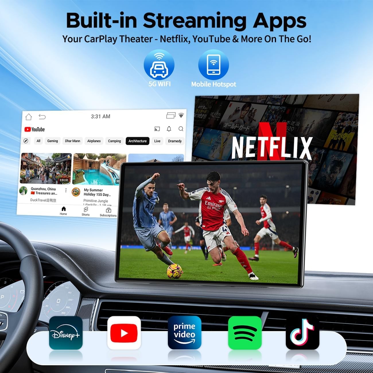 9″CarPlay Screen Wireless Android Auto With Netflix YouTube GPS Backup Camera BT